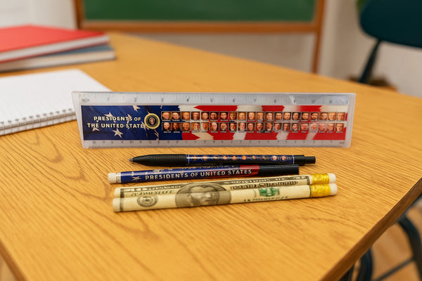 Presidents of the United States School Set – Patriotic Ruler, Click Pen & Money Design Pencils