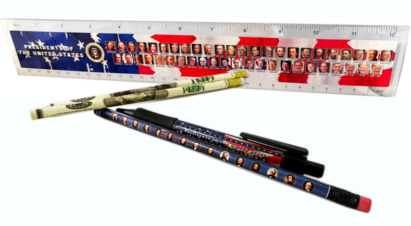 Presidents of the United States School Set – Patriotic Ruler, Click Pen & Money Design Pencils