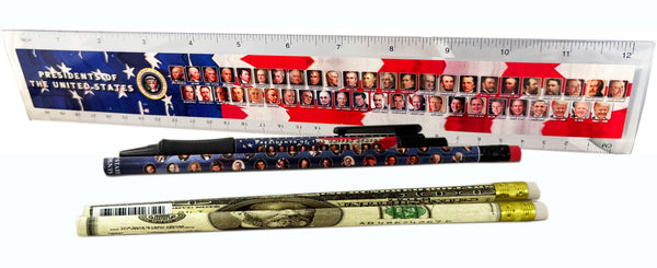 Presidents of the United States School Set – Patriotic Ruler, Click Pen & Money Design Pencils