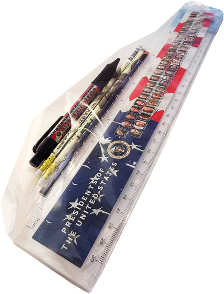 Presidents of the United States School Set – Patriotic Ruler, Click Pen & Money Design Pencils