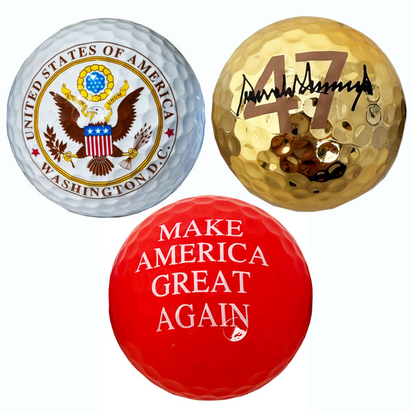 Trump Signature Great Again Golf Set – Gold 47 Signature Ball, Presidential Great Seal Ball, Red MAGA Ball & Embroidered Presidential Seal Golf Towel