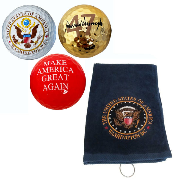 Trump Signature Great Again Golf Set – Gold 47 Signature Ball, Presidential Great Seal Ball, Red MAGA Ball & Embroidered Presidential Seal Golf Towel