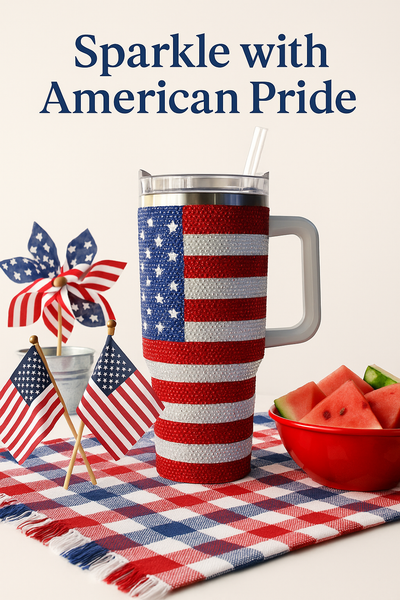 USA Flag Bling Tumbler 40oz with Handle & Straw – Rhinestone American Flag Travel Cup, Glitter Patriotic Mug for Women, Independence Day Gift, Stainless Steel Insulated