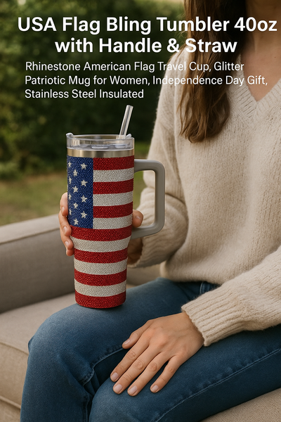 USA Flag Bling Tumbler 40oz with Handle & Straw – Rhinestone American Flag Travel Cup, Glitter Patriotic Mug for Women, Independence Day Gift, Stainless Steel Insulated