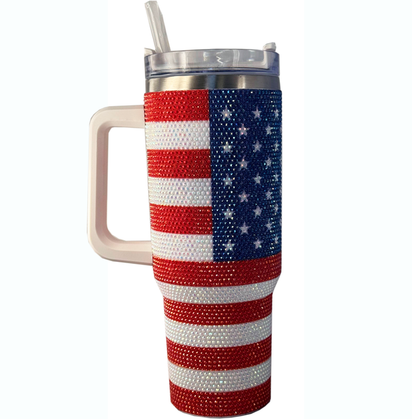 USA Flag Bling Tumbler 40oz with Handle & Straw – Rhinestone American Flag Travel Cup, Glitter Patriotic Mug for Women, Independence Day Gift, Stainless Steel Insulated