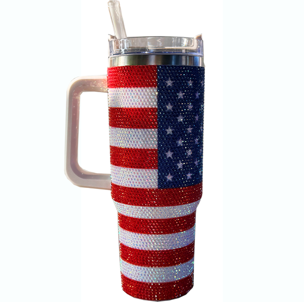 USA Flag Bling Tumbler 40oz with Handle & Straw – Rhinestone American Flag Travel Cup, Glitter Patriotic Mug for Women, Independence Day Gift, Stainless Steel Insulated