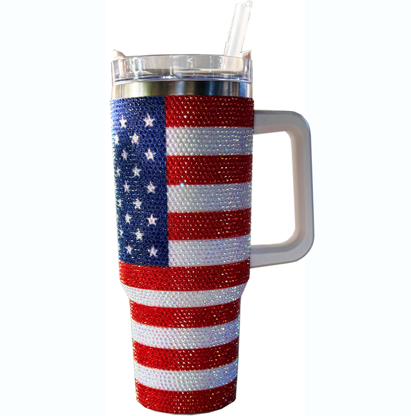 USA Flag Bling Tumbler 40oz with Handle & Straw – Rhinestone American Flag Travel Cup, Glitter Patriotic Mug for Women, Independence Day Gift, Stainless Steel Insulated