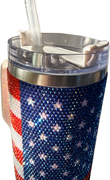 USA Flag Bling Tumbler 40oz with Handle & Straw – Rhinestone American Flag Travel Cup, Glitter Patriotic Mug for Women, Independence Day Gift, Stainless Steel Insulated