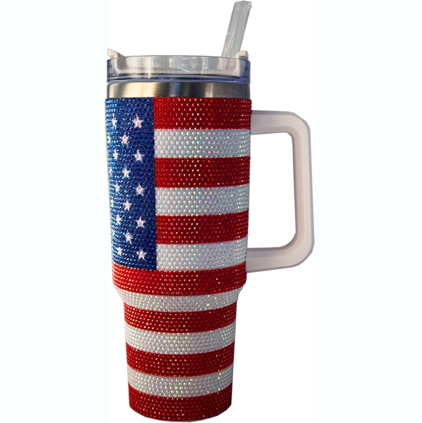 USA Flag Bling Tumbler 40oz with Handle & Straw – Rhinestone American Flag Travel Cup, Glitter Patriotic Mug for Women, Independence Day Gift, Stainless Steel Insulated