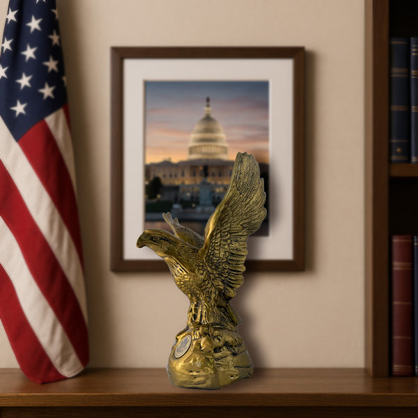 Hand-Cast Metal American Bald Eagle Statue Bronze – Real Zinc Sculpture with Bronze-Gold Patina & Great Seal of the United States – Made in USA