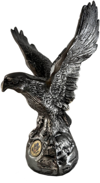 Hand-Cast Metal American Bald Eagle Statue Silver – Real Zinc Sculpture with Silver Patina & Great Seal of the United States – Made in USA