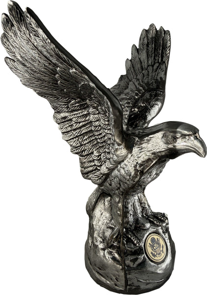 Hand-Cast Metal American Bald Eagle Statue Silver – Real Zinc Sculpture with Silver Patina & Great Seal of the United States – Made in USA