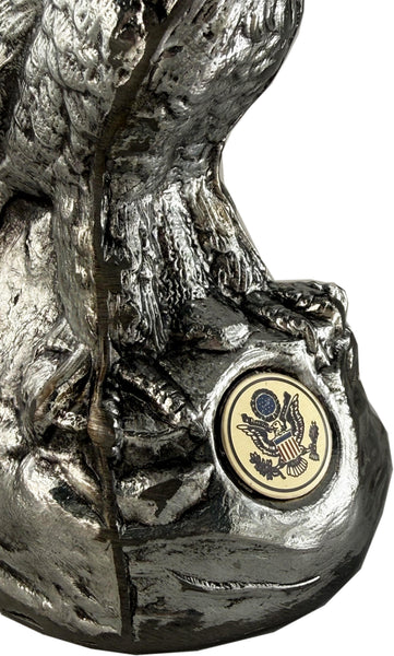 Hand-Cast Metal American Bald Eagle Statue Silver – Real Zinc Sculpture with Silver Patina & Great Seal of the United States – Made in USA