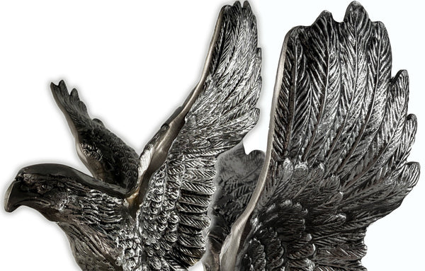 Hand-Cast Metal American Bald Eagle Statue Silver – Real Zinc Sculpture with Silver Patina & Great Seal of the United States – Made in USA
