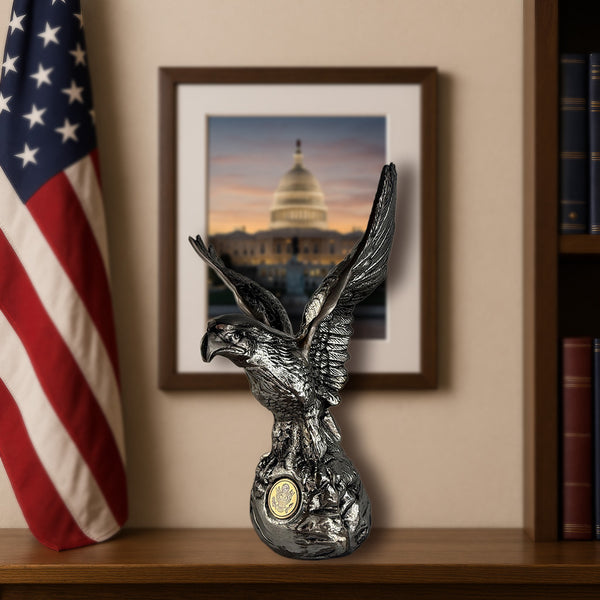 Hand-Cast Metal American Bald Eagle Statue Silver – Real Zinc Sculpture with Silver Patina & Great Seal of the United States – Made in USA