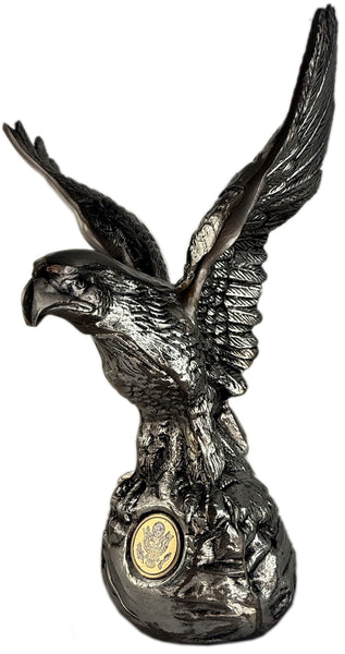 Hand-Cast Metal American Bald Eagle Statue Silver – Real Zinc Sculpture with Silver Patina & Great Seal of the United States – Made in USA