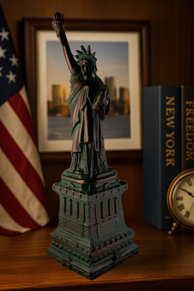 Hand-Cast Metal Statue of Liberty Sculpture – Antique Bronze Patina Zinc Artwork, 9.5" Tall – Made in USA