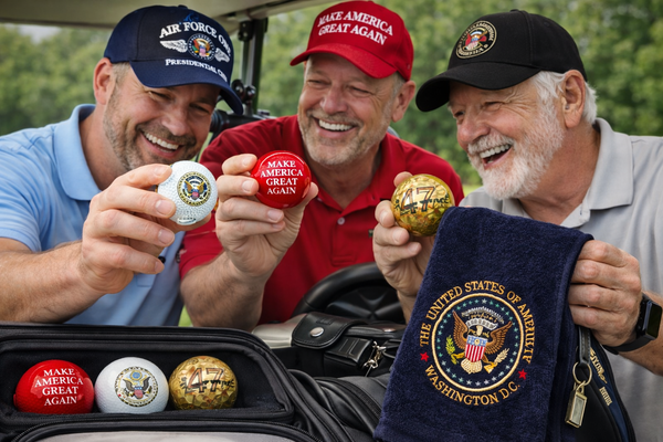 Trump Signature Great Again Golf Set – Gold 47 Signature Ball, Presidential Great Seal Ball, Red MAGA Ball & Embroidered Presidential Seal Golf Towel