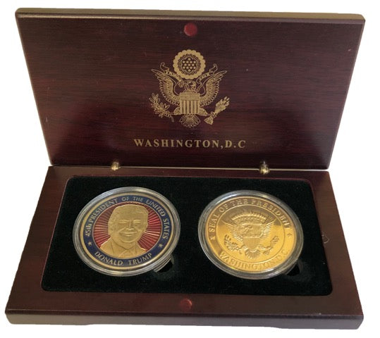 President Trump and Great Seal Coins in Wood Box